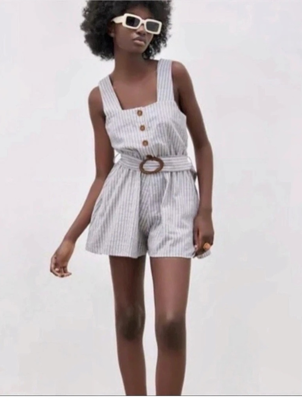 ZARA Striped Linen Blend Belted Romper Blue & White